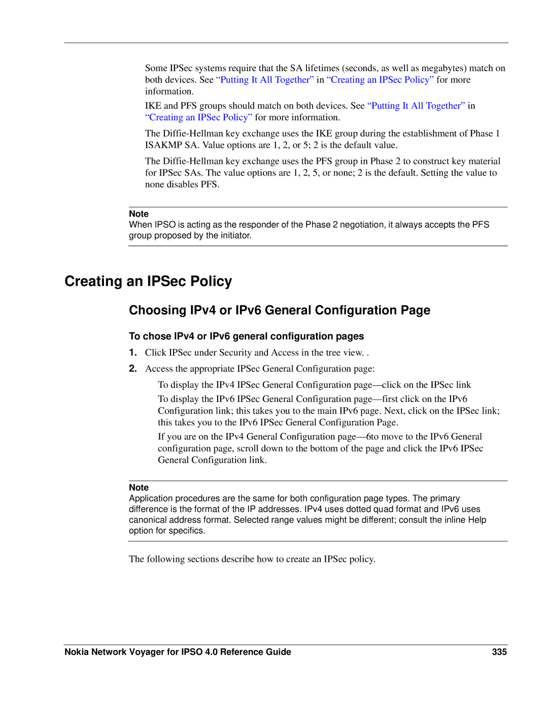 Nokia IPSO 4.0 manual Creating an IPSec Policy, Choosing IPv4 or IPv6 General Configuration 