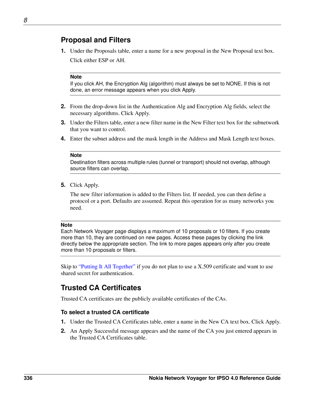 Nokia IPSO 4.0 manual Proposal and Filters, Trusted CA Certificates, To select a trusted CA certificate, 336 