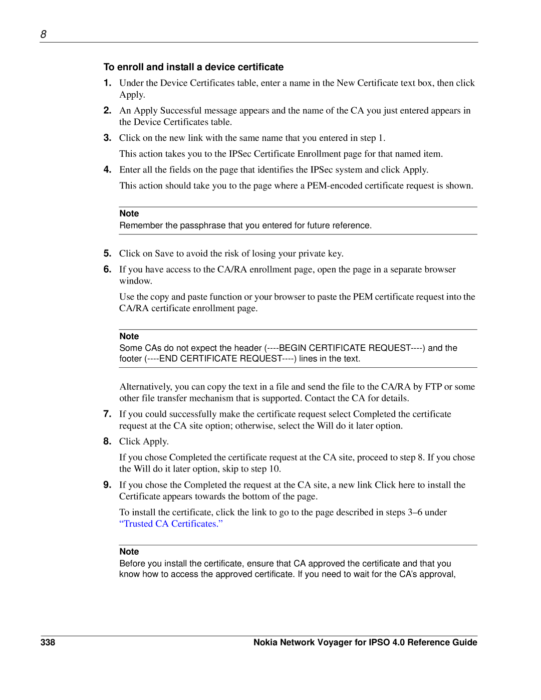 Nokia IPSO 4.0 manual To enroll and install a device certificate, 338 