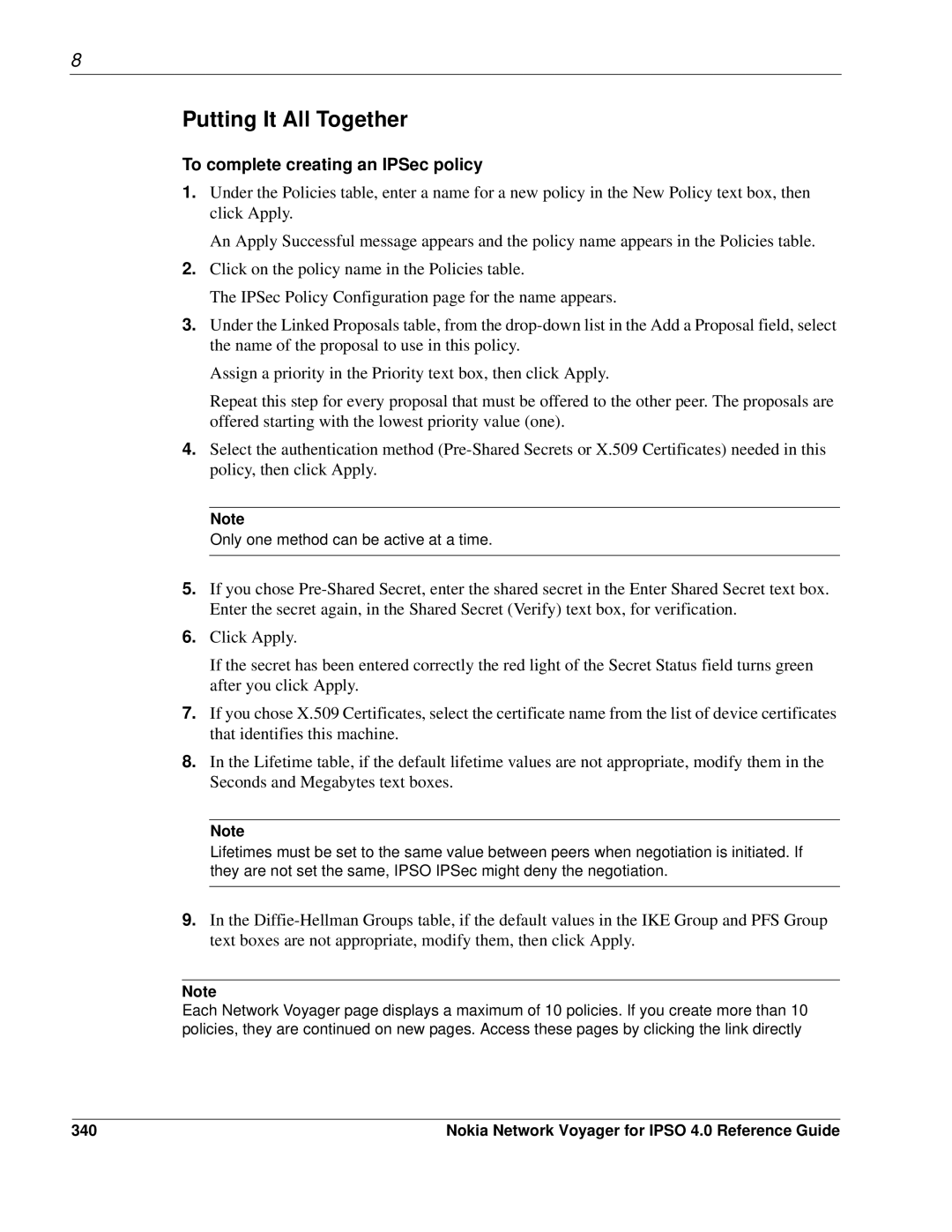 Nokia IPSO 4.0 manual Putting It All Together, To complete creating an IPSec policy, 340 