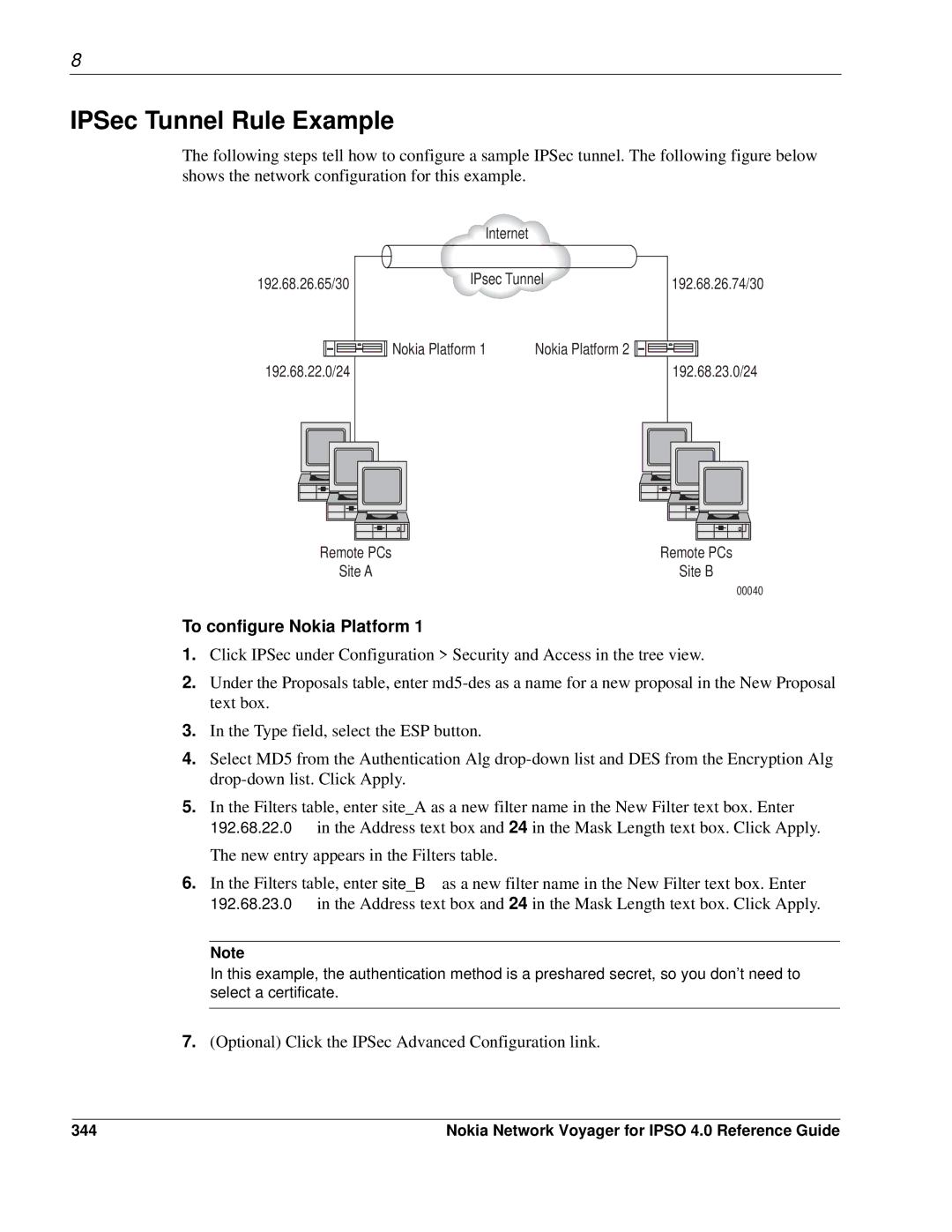 Nokia IPSO 4.0 manual IPSec Tunnel Rule Example, To configure Nokia Platform, 344 