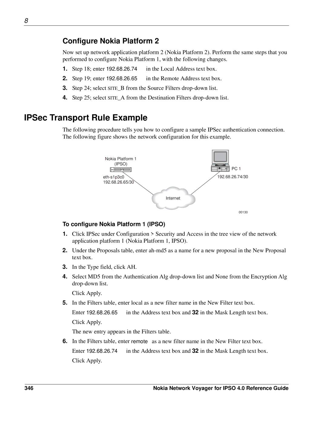 Nokia IPSO 4.0 manual IPSec Transport Rule Example, Configure Nokia Platform, To configure Nokia Platform 1 Ipso, 346 