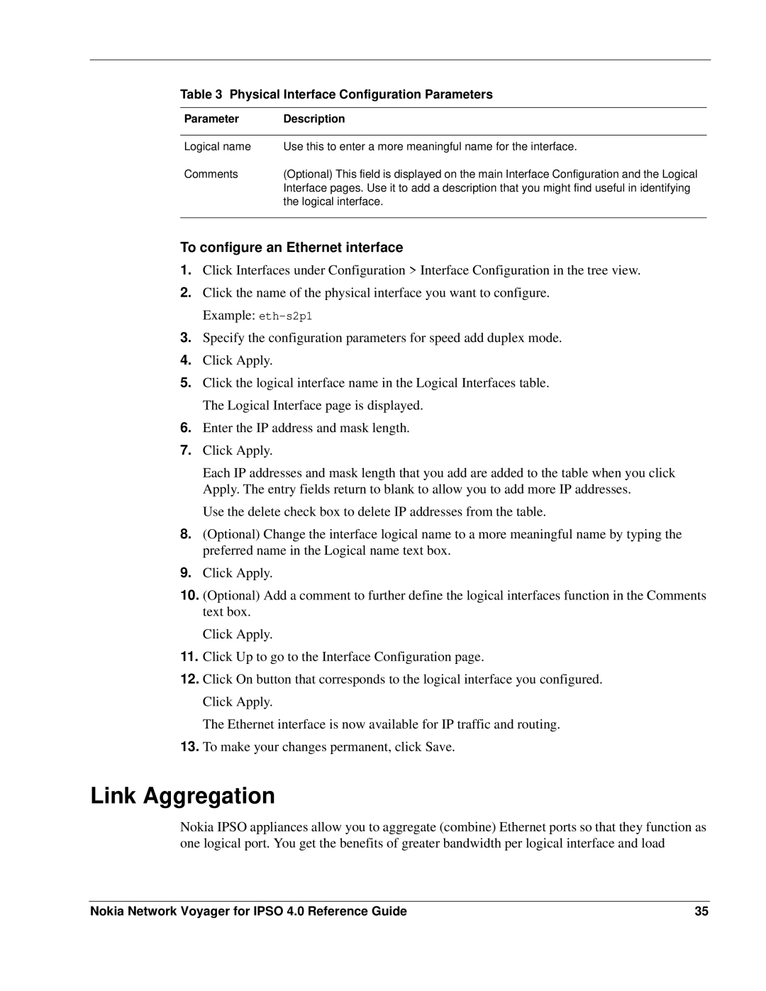 Nokia IPSO 4.0 manual Link Aggregation, To configure an Ethernet interface 