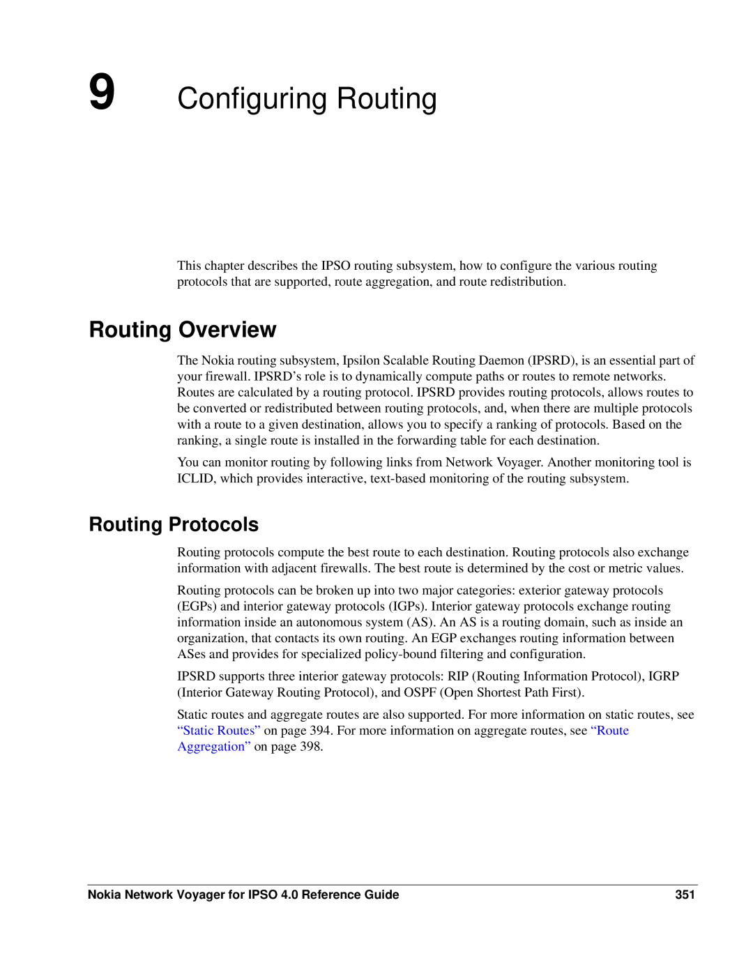 Nokia IPSO 4.0 manual Routing Overview, Routing Protocols, Nokia Network Voyager for Ipso 4.0 Reference Guide 351 