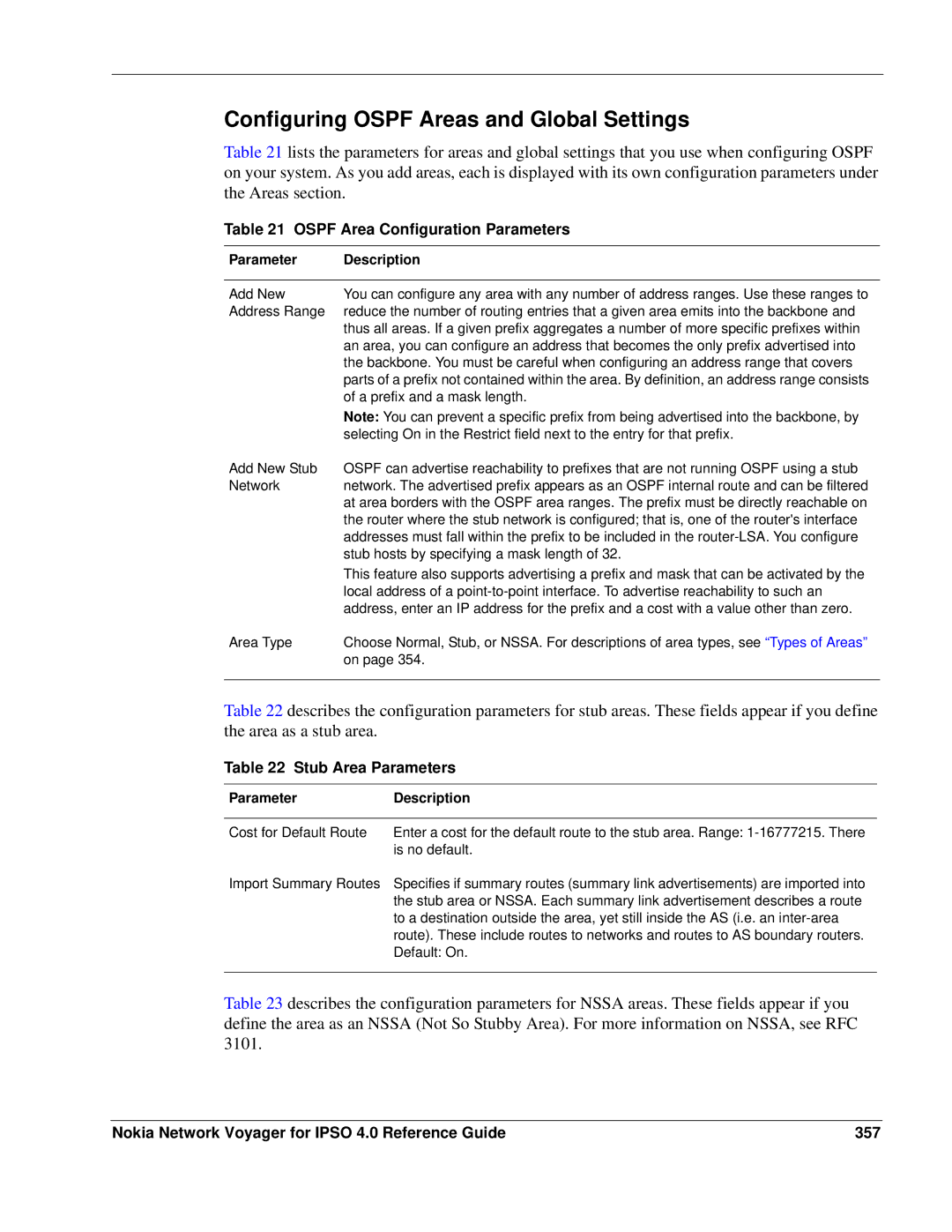 Nokia IPSO 4.0 manual Configuring Ospf Areas and Global Settings, Ospf Area Configuration Parameters, Stub Area Parameters 