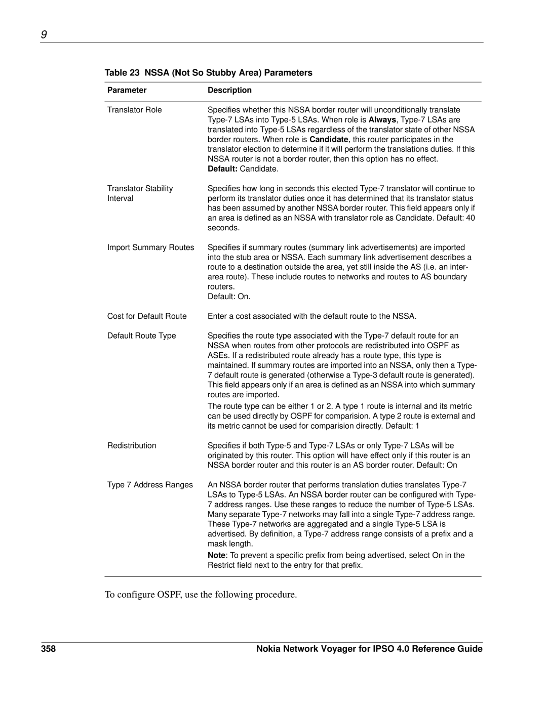 Nokia IPSO 4.0 manual Nssa Not So Stubby Area Parameters, 358 