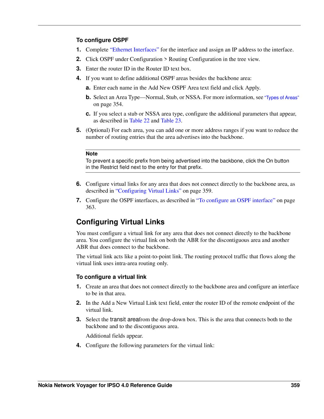 Nokia IPSO 4.0 manual Configuring Virtual Links, To configure Ospf, To configure a virtual link 