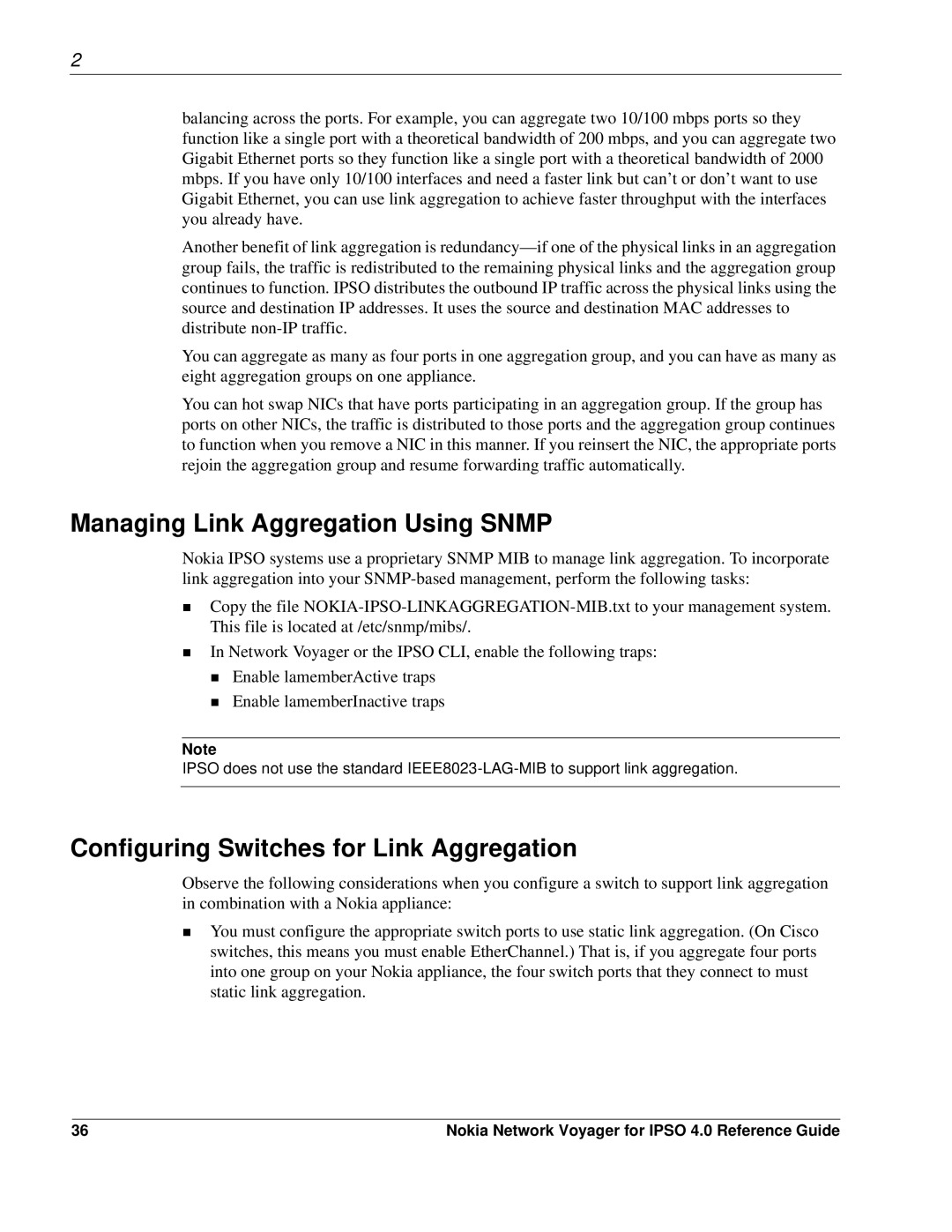 Nokia IPSO 4.0 manual Managing Link Aggregation Using Snmp, Configuring Switches for Link Aggregation 