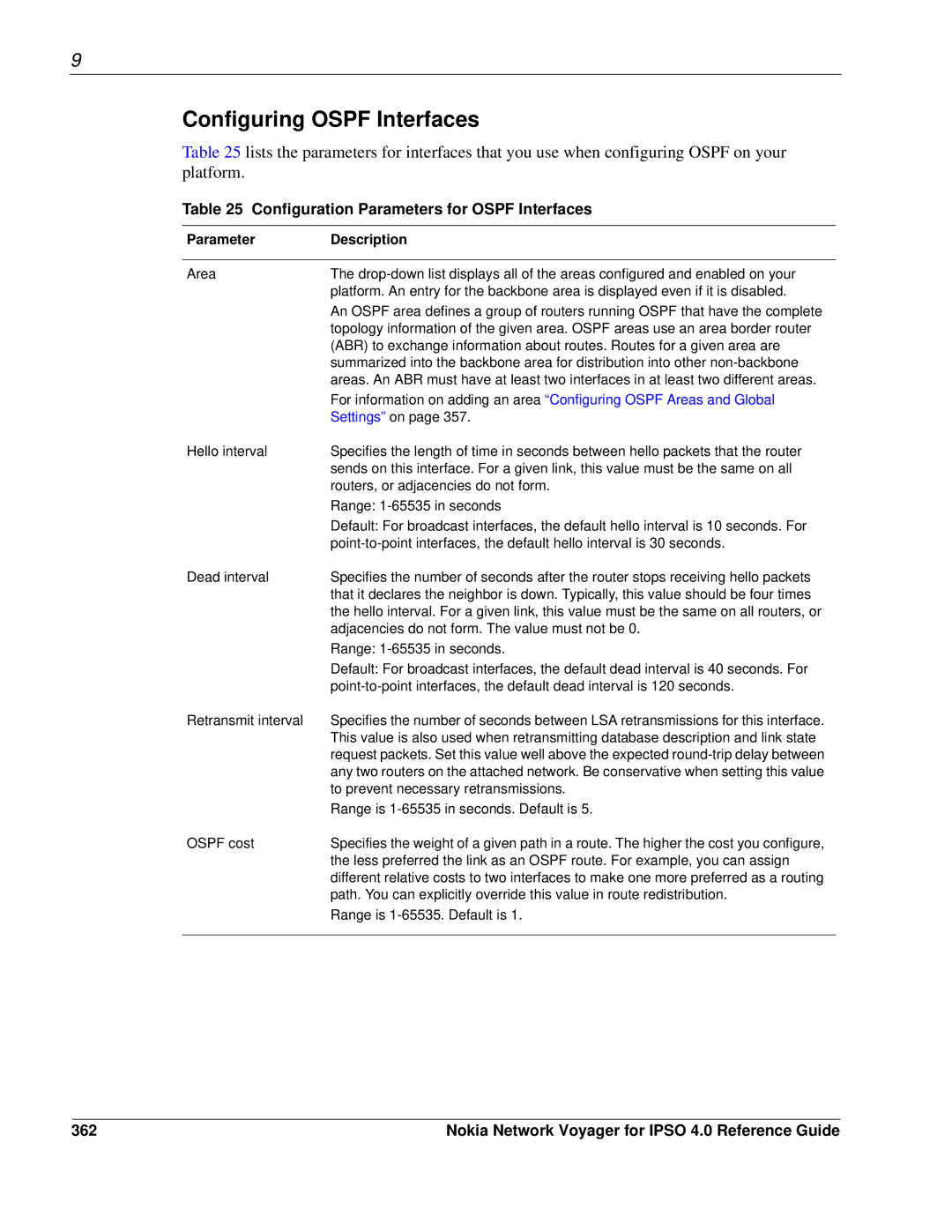 Nokia IPSO 4.0 manual Configuring Ospf Interfaces, Configuration Parameters for Ospf Interfaces, 362 