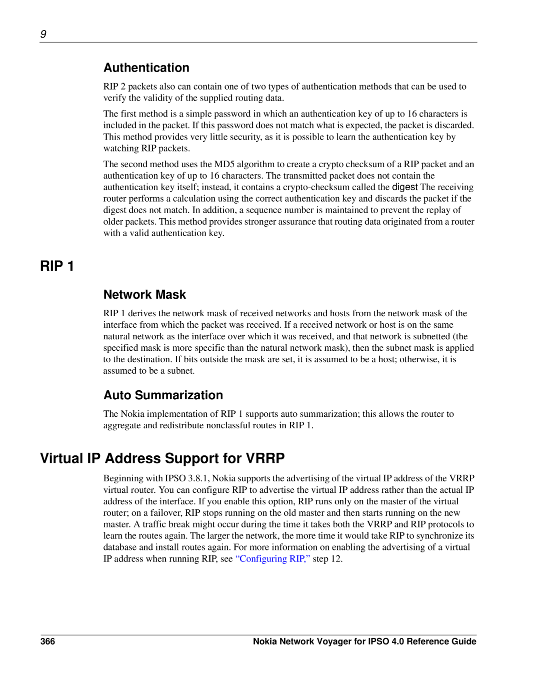 Nokia IPSO 4.0 manual Virtual IP Address Support for Vrrp, Auto Summarization, 366 