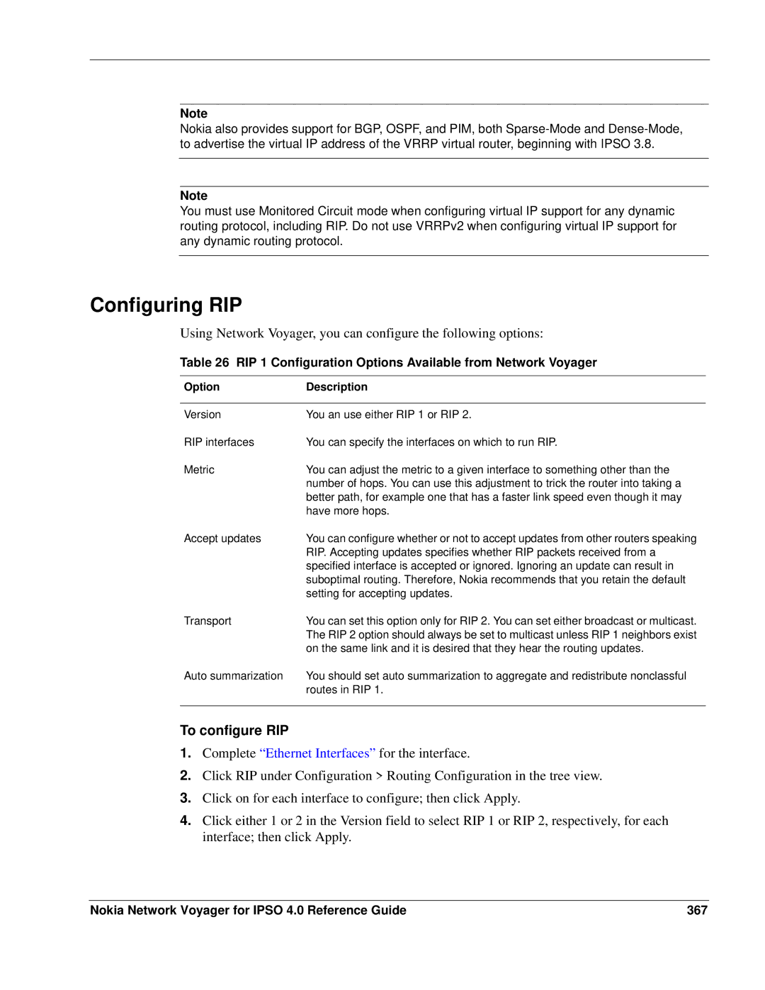 Nokia IPSO 4.0 manual Configuring RIP, To configure RIP, RIP 1 Configuration Options Available from Network Voyager 