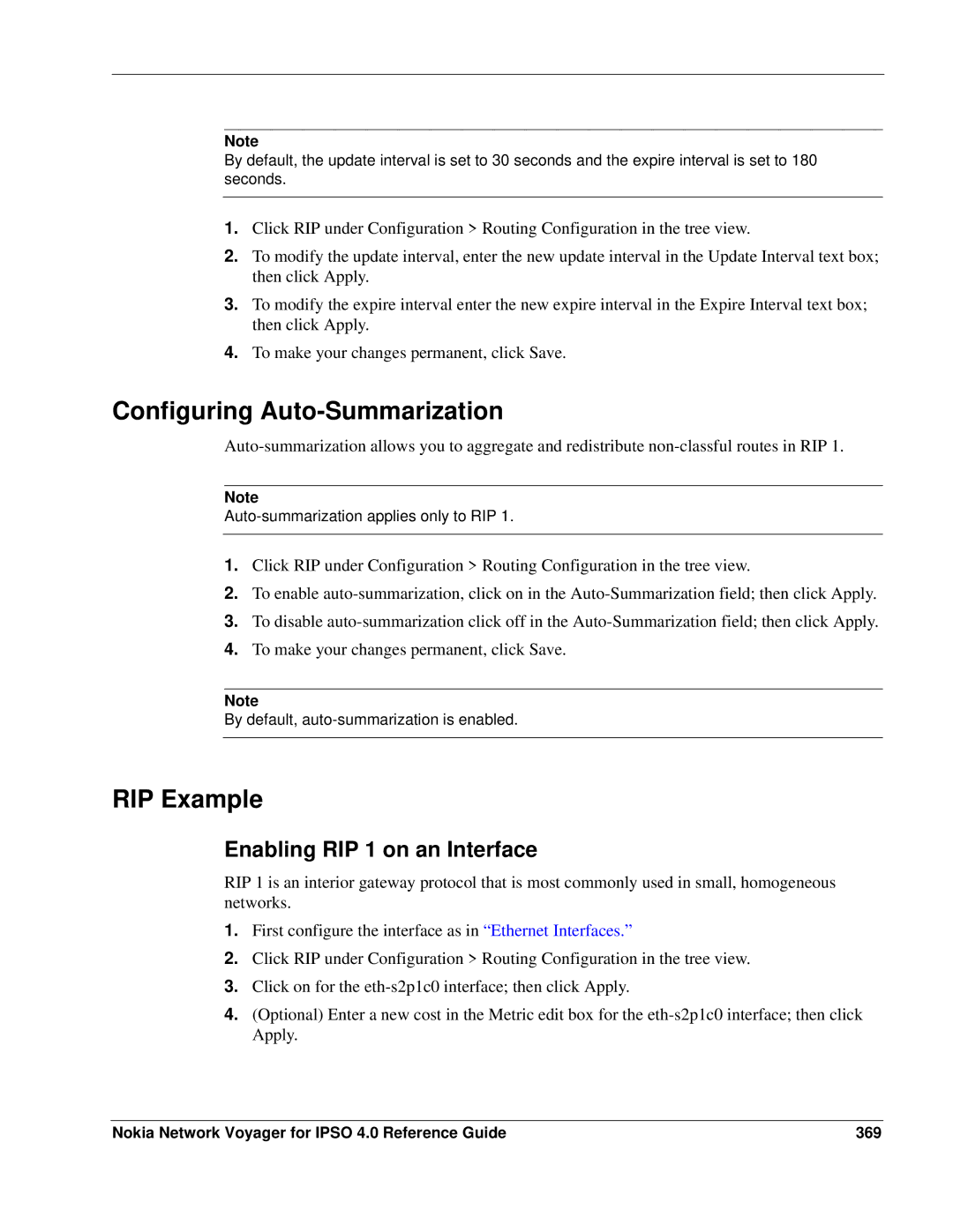 Nokia IPSO 4.0 manual Configuring Auto-Summarization, RIP Example, Enabling RIP 1 on an Interface 