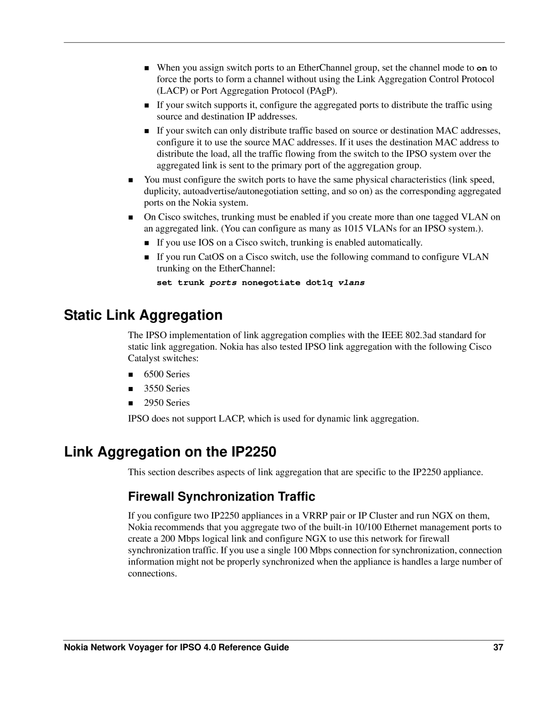 Nokia IPSO 4.0 manual Static Link Aggregation, Link Aggregation on the IP2250, Firewall Synchronization Traffic 