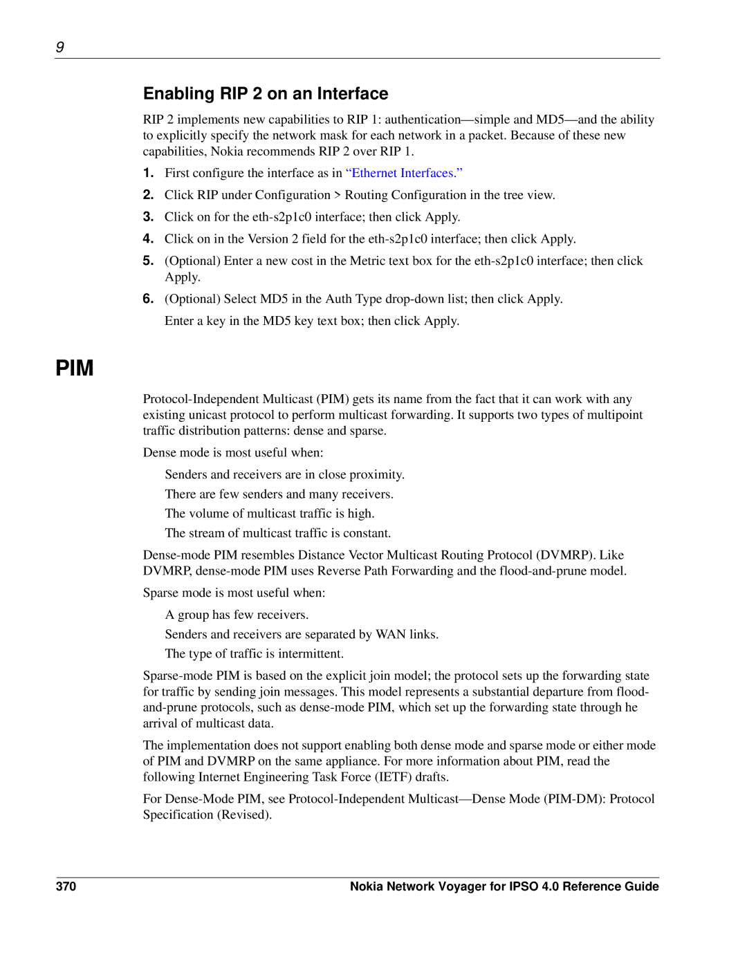 Nokia IPSO 4.0 manual Enabling RIP 2 on an Interface, 370 