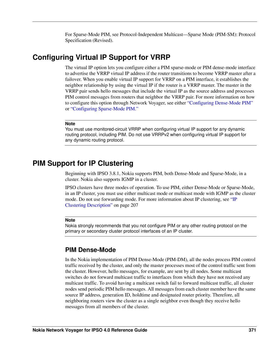 Nokia IPSO 4.0 manual Configuring Virtual IP Support for Vrrp, PIM Support for IP Clustering, PIM Dense-Mode 