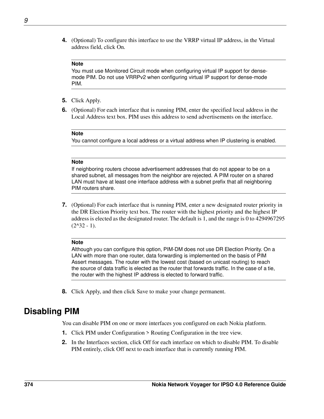 Nokia IPSO 4.0 manual Disabling PIM, 374 