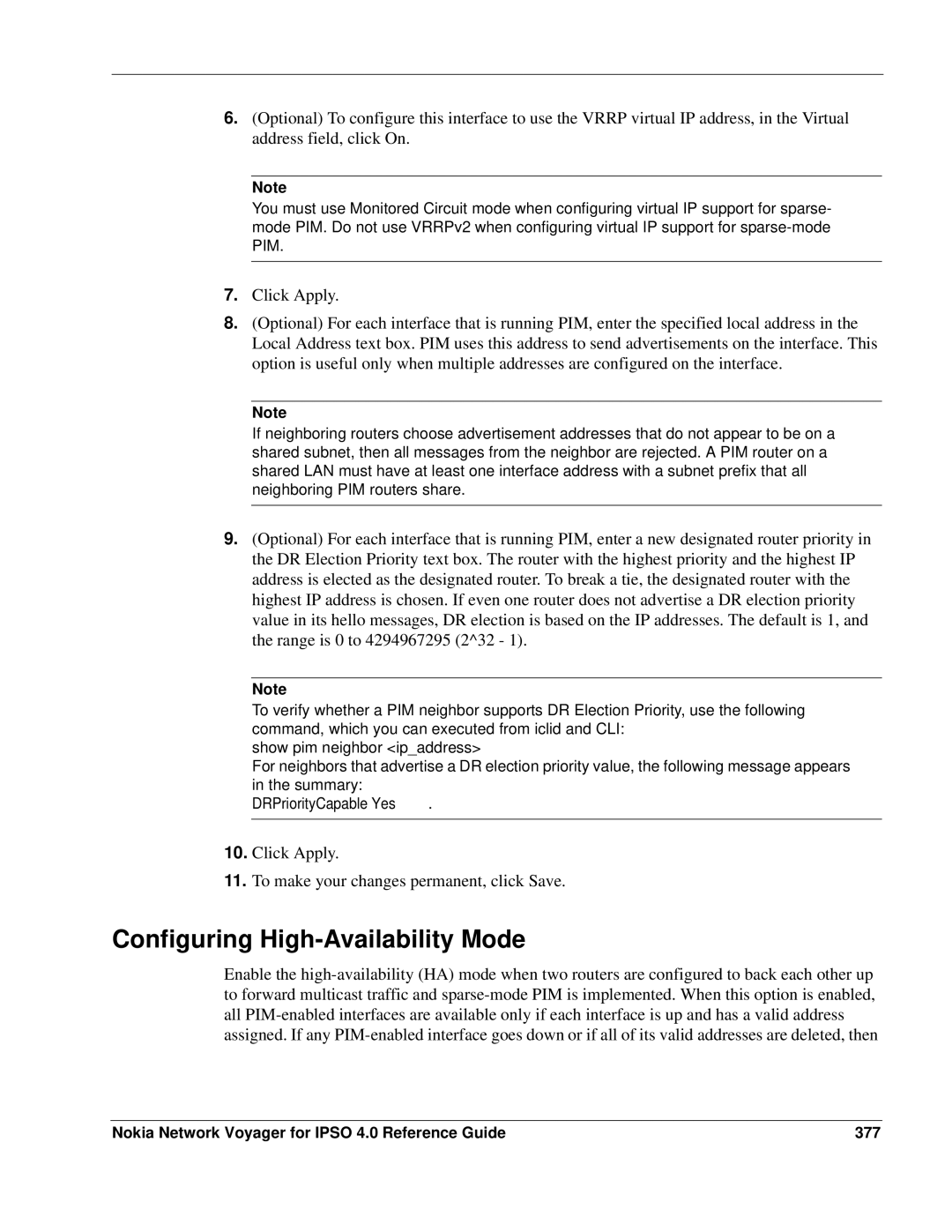 Nokia IPSO 4.0 manual Configuring High-Availability Mode, Nokia Network Voyager for Ipso 4.0 Reference Guide 377 