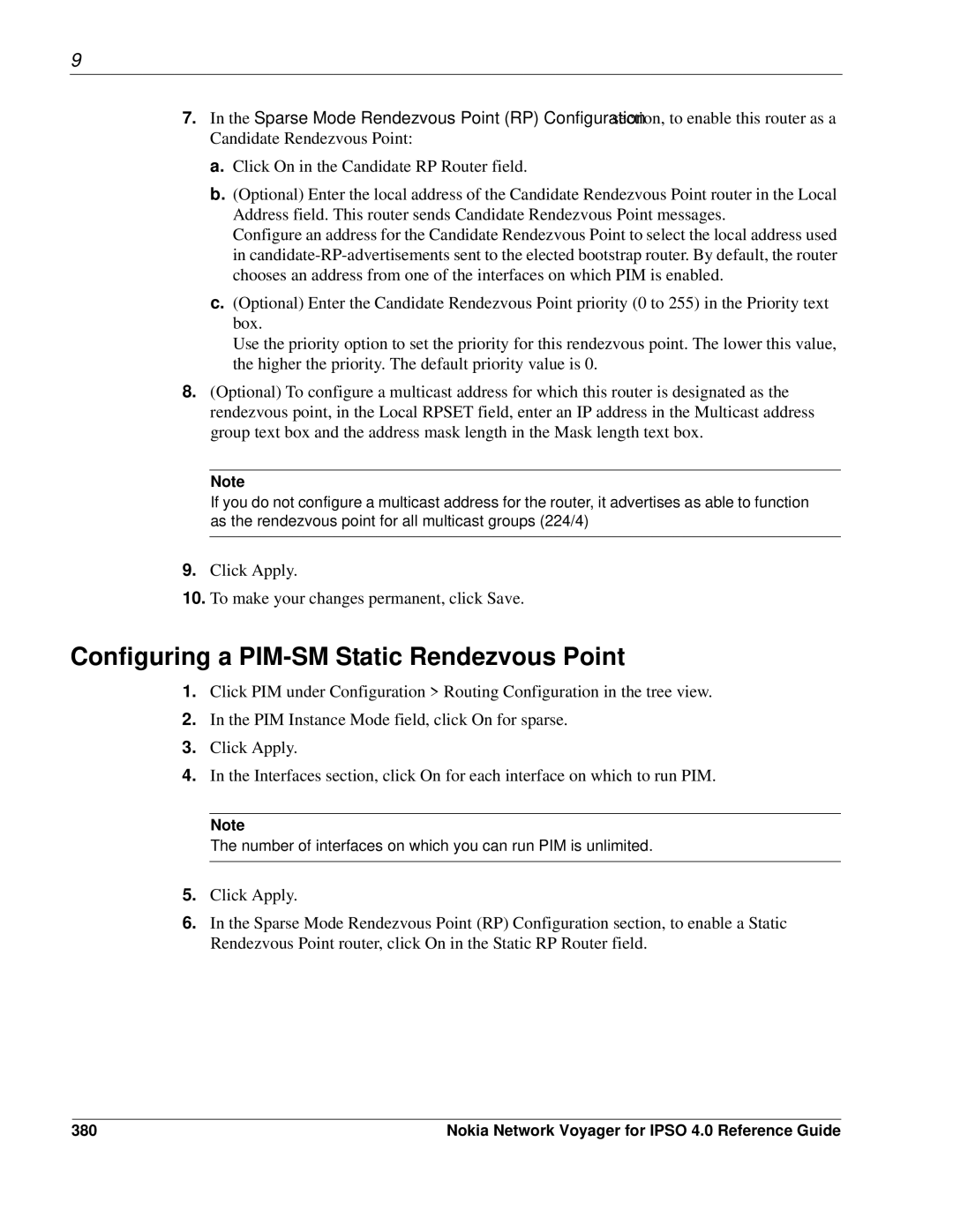 Nokia IPSO 4.0 manual Configuring a PIM-SM Static Rendezvous Point, 380 