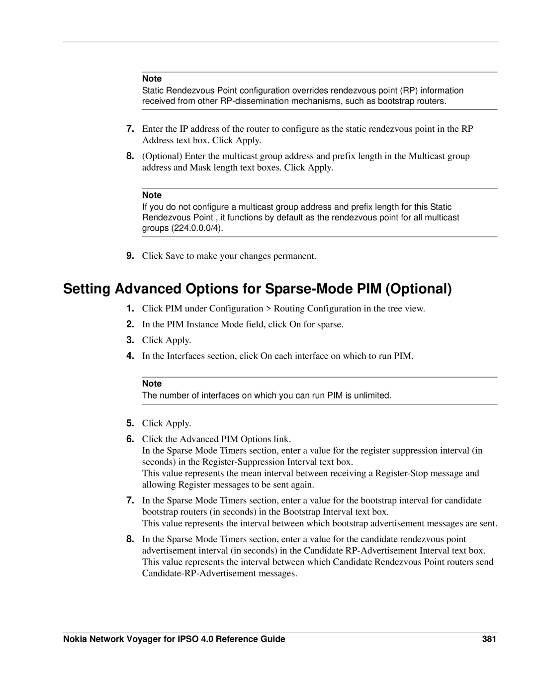 Nokia IPSO 4.0 manual Setting Advanced Options for Sparse-Mode PIM Optional 