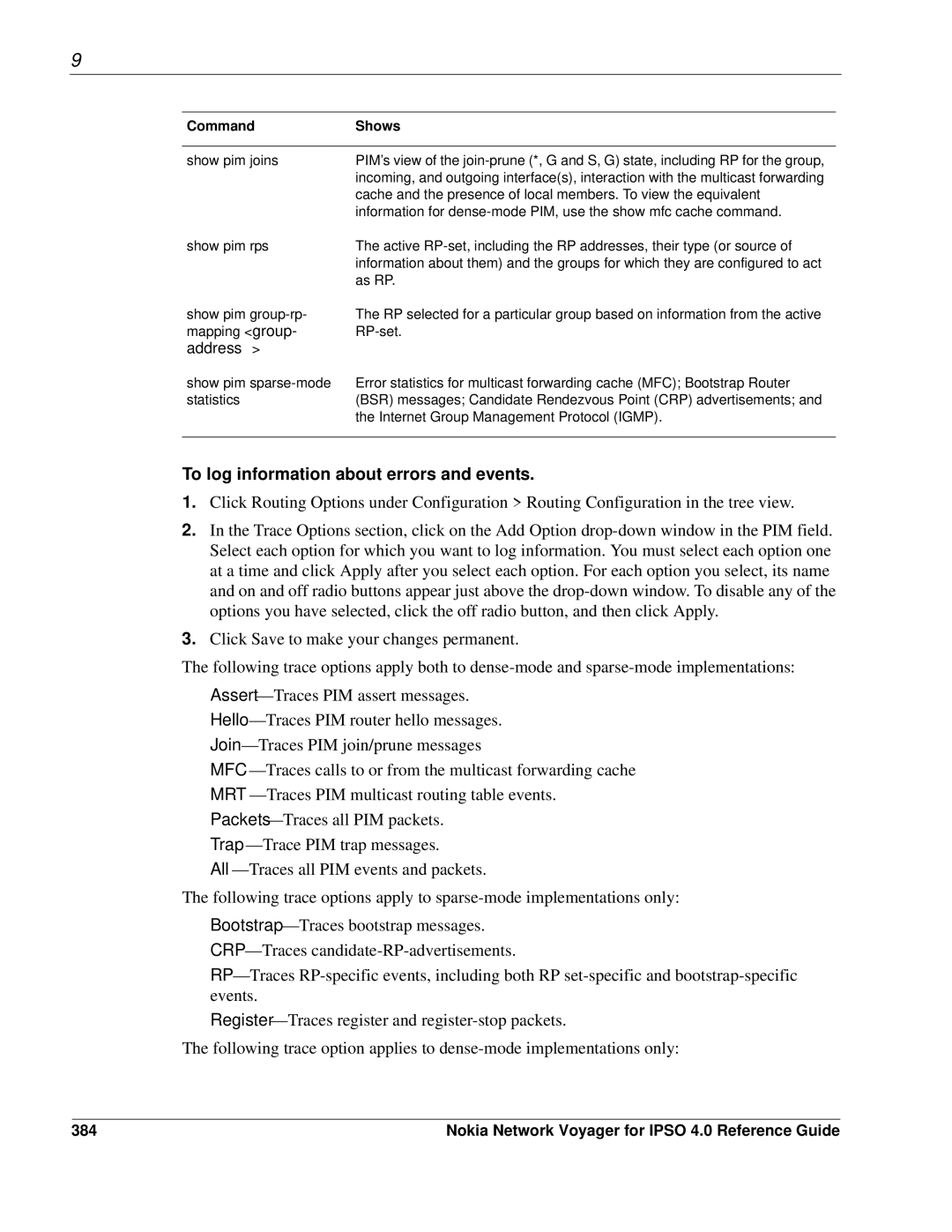 Nokia IPSO 4.0 manual To log information about errors and events, 384 