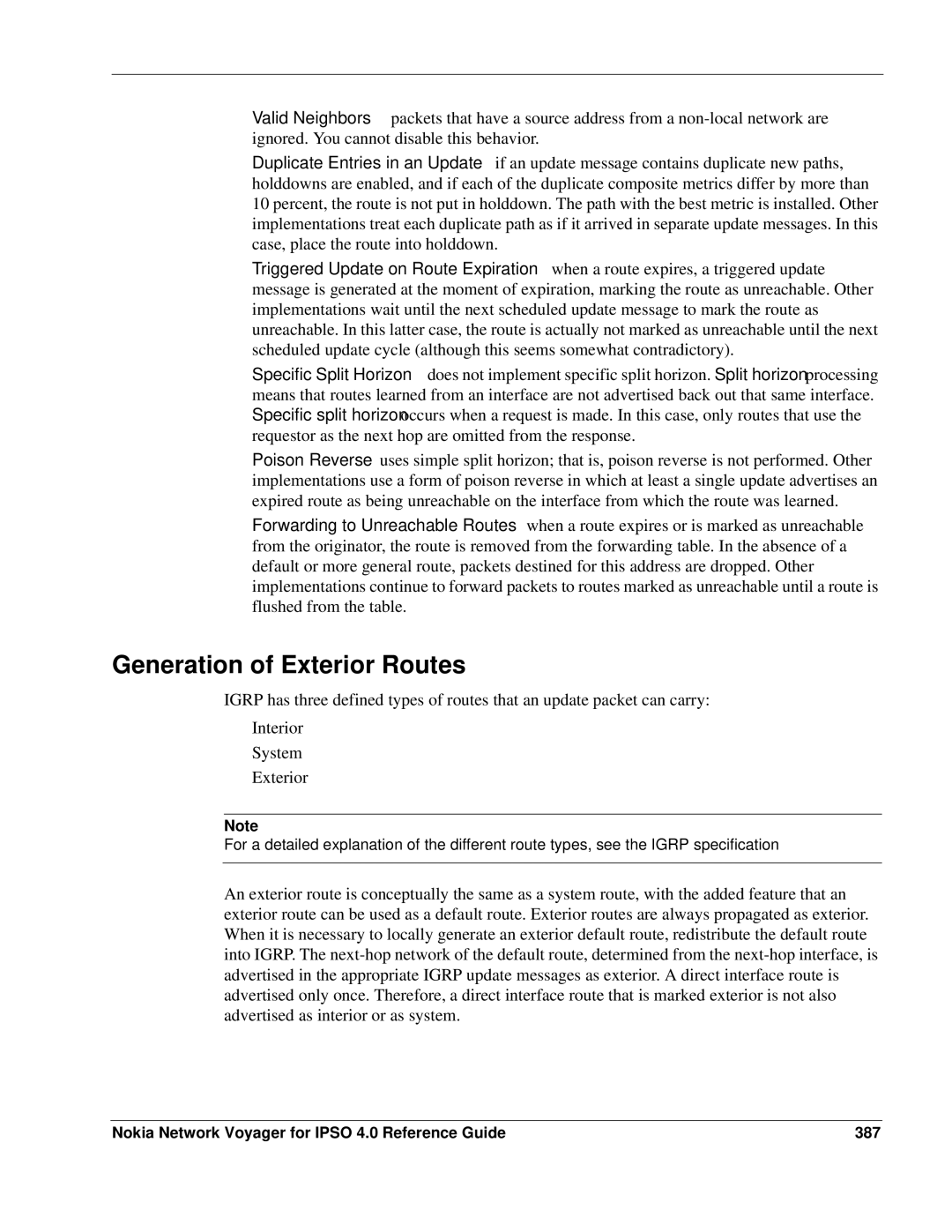 Nokia IPSO 4.0 manual Generation of Exterior Routes, Nokia Network Voyager for Ipso 4.0 Reference Guide 387 