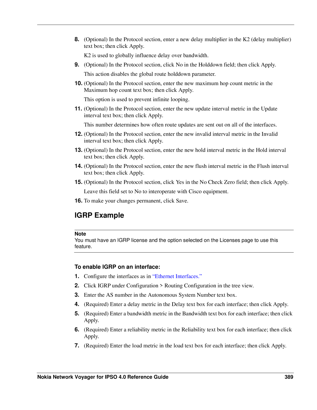 Nokia IPSO 4.0 manual Igrp Example, To enable Igrp on an interface, Nokia Network Voyager for Ipso 4.0 Reference Guide 389 