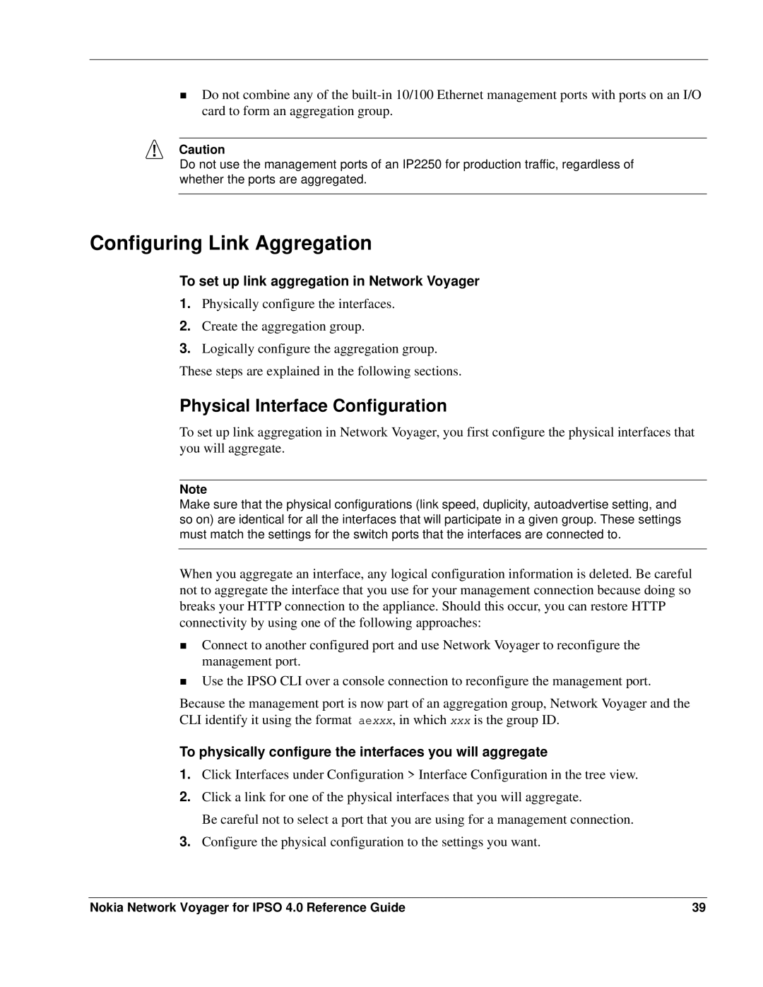 Nokia IPSO 4.0 manual Configuring Link Aggregation, Physical Interface Configuration 