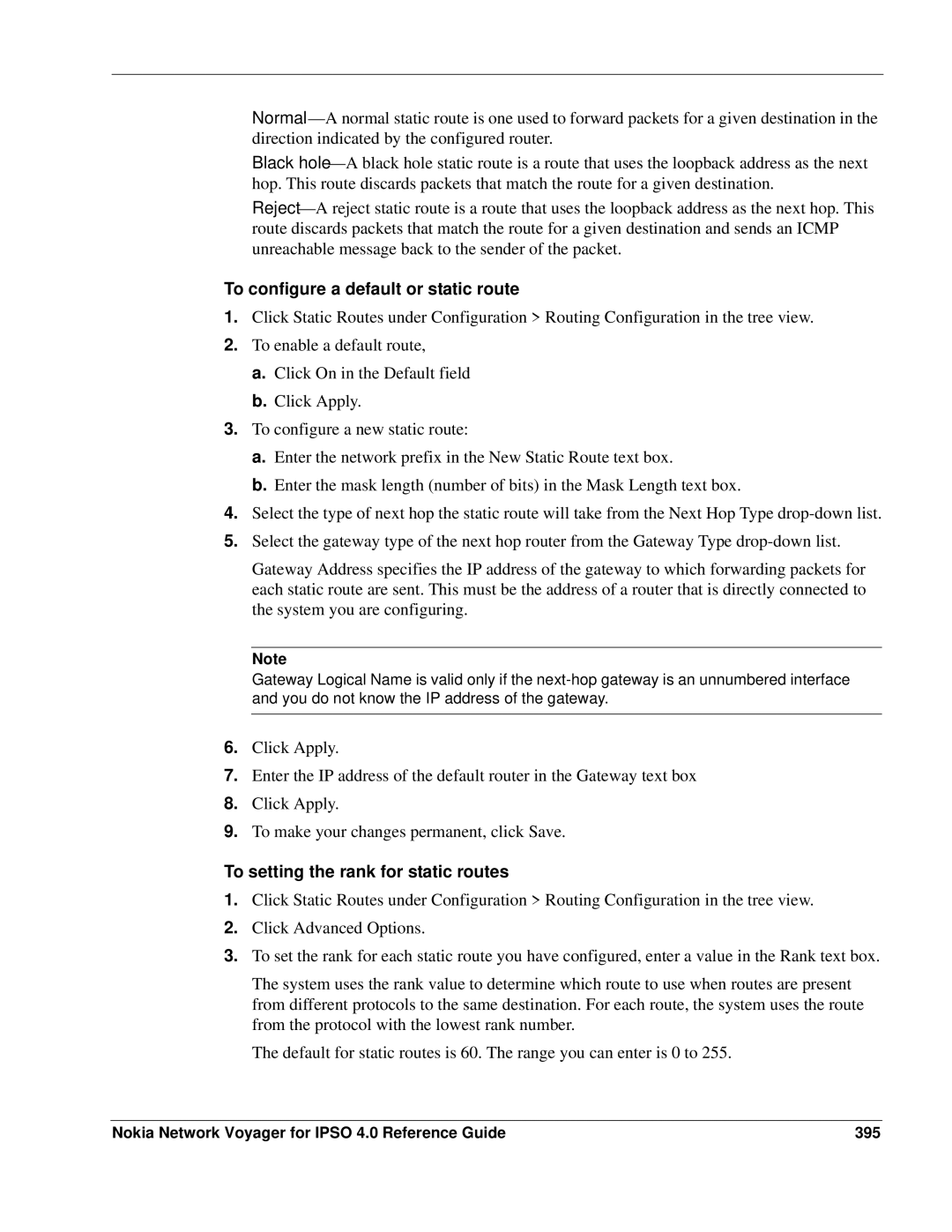 Nokia IPSO 4.0 manual To configure a default or static route, To setting the rank for static routes 