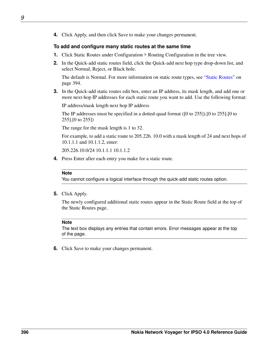 Nokia IPSO 4.0 manual To add and configure many static routes at the same time, 396 