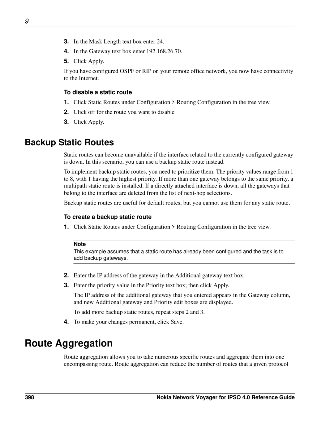 Nokia IPSO 4.0 Route Aggregation, Backup Static Routes, To disable a static route, To create a backup static route, 398 