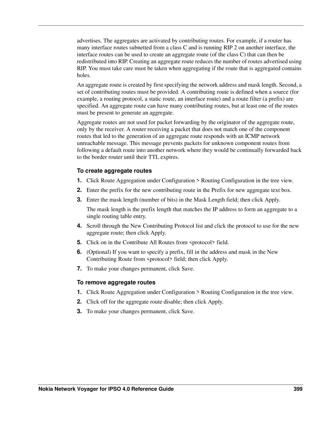 Nokia IPSO 4.0 manual To create aggregate routes, To remove aggregate routes 