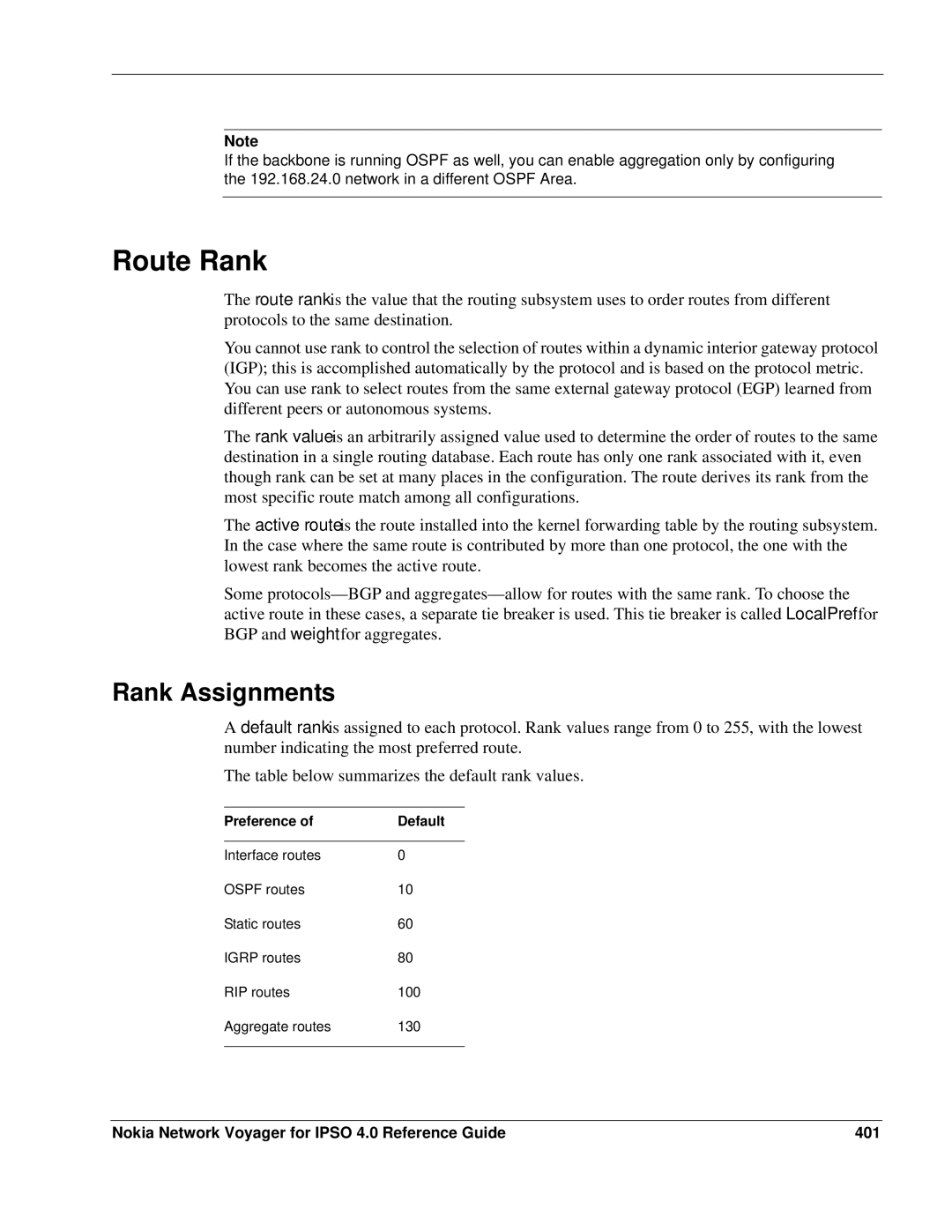 Nokia IPSO 4.0 Route Rank, Rank Assignments, Nokia Network Voyager for Ipso 4.0 Reference Guide 401, Preference Default 