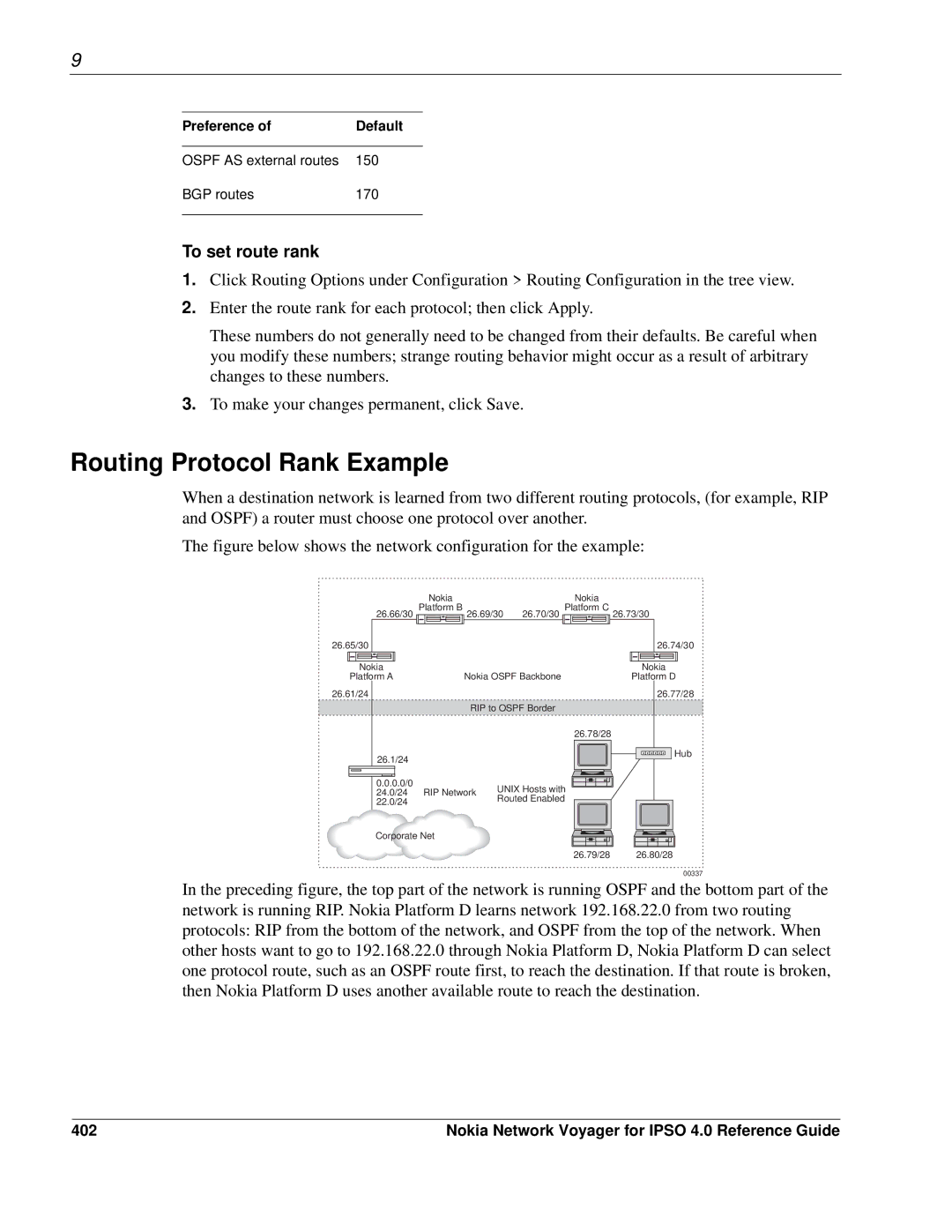 Nokia IPSO 4.0 manual Routing Protocol Rank Example, To set route rank, 402 