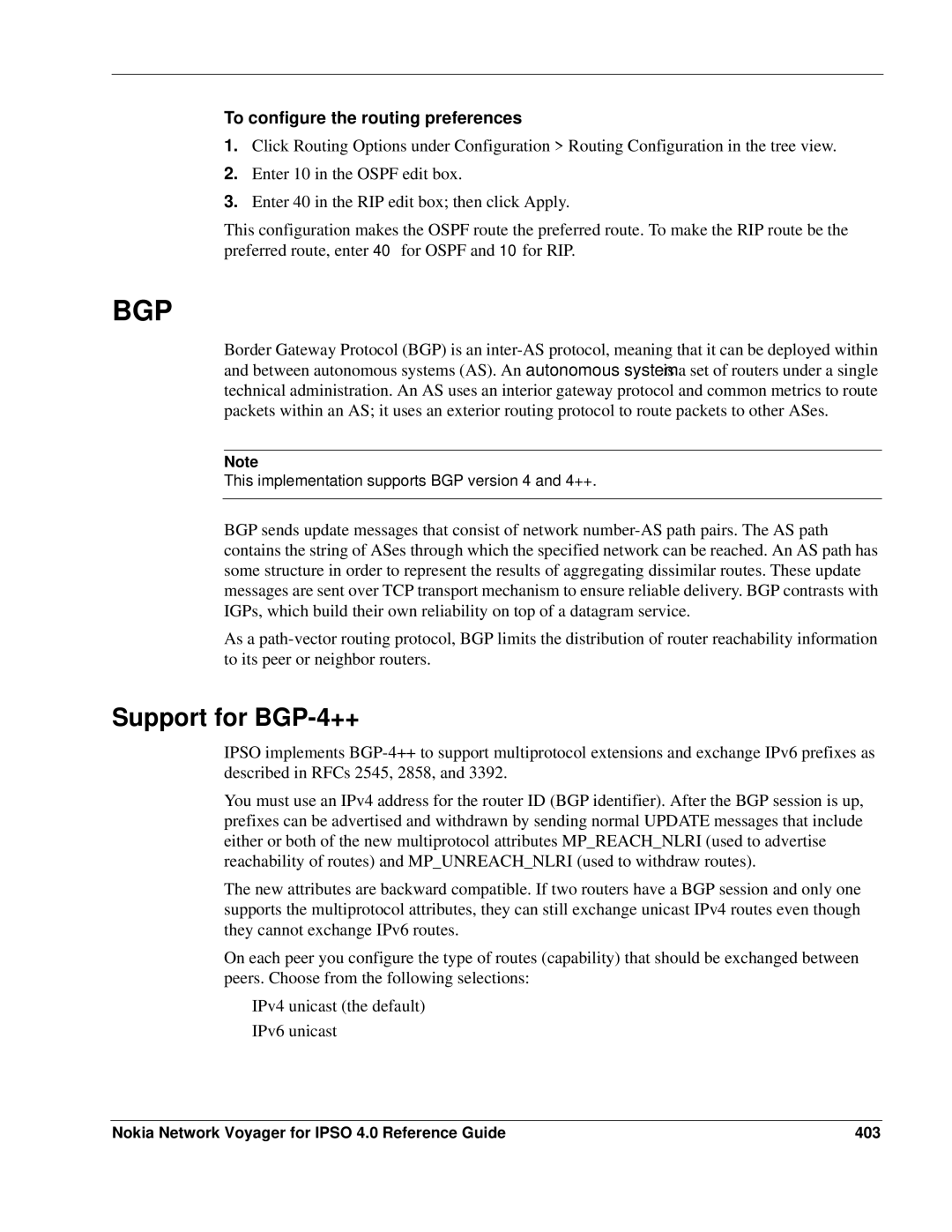 Nokia IPSO 4.0 manual Support for BGP-4++, To configure the routing preferences 