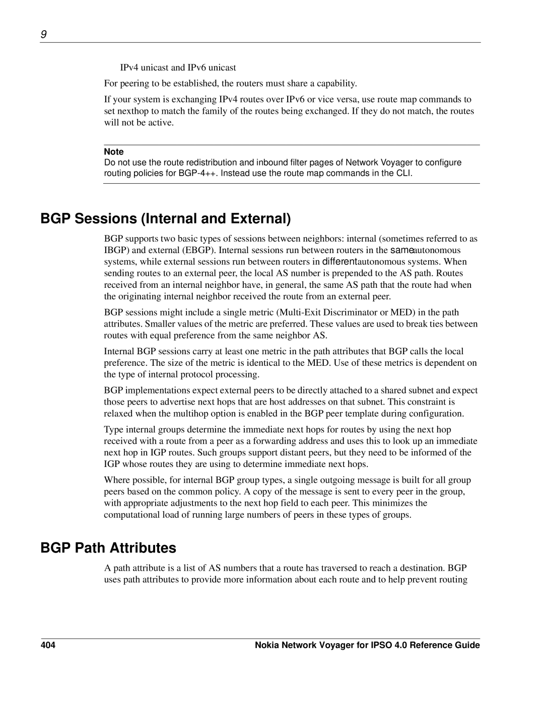 Nokia IPSO 4.0 manual BGP Sessions Internal and External, BGP Path Attributes, 404 