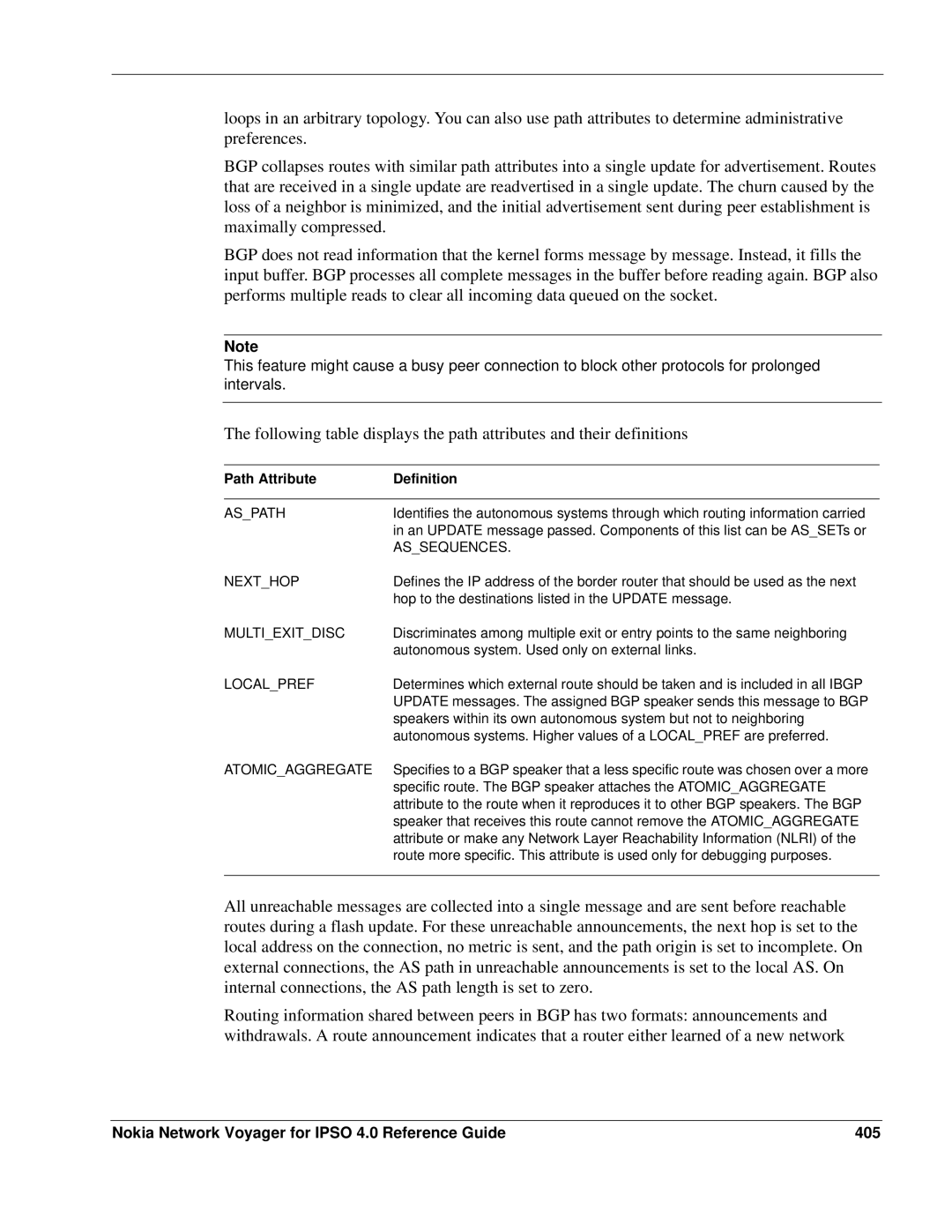 Nokia IPSO 4.0 manual Nokia Network Voyager for Ipso 4.0 Reference Guide 405, Path Attribute Definition 