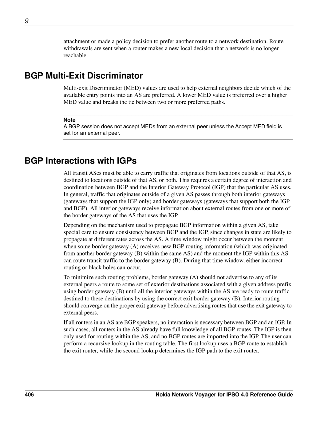 Nokia IPSO 4.0 manual BGP Multi-Exit Discriminator, BGP Interactions with IGPs, 406 