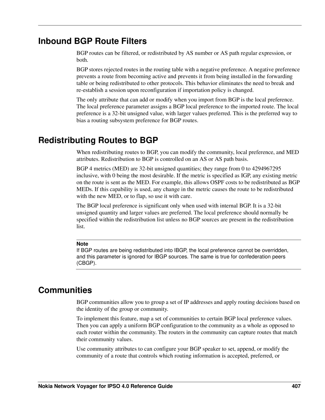 Nokia IPSO 4.0 manual Inbound BGP Route Filters, Redistributing Routes to BGP, Communities 