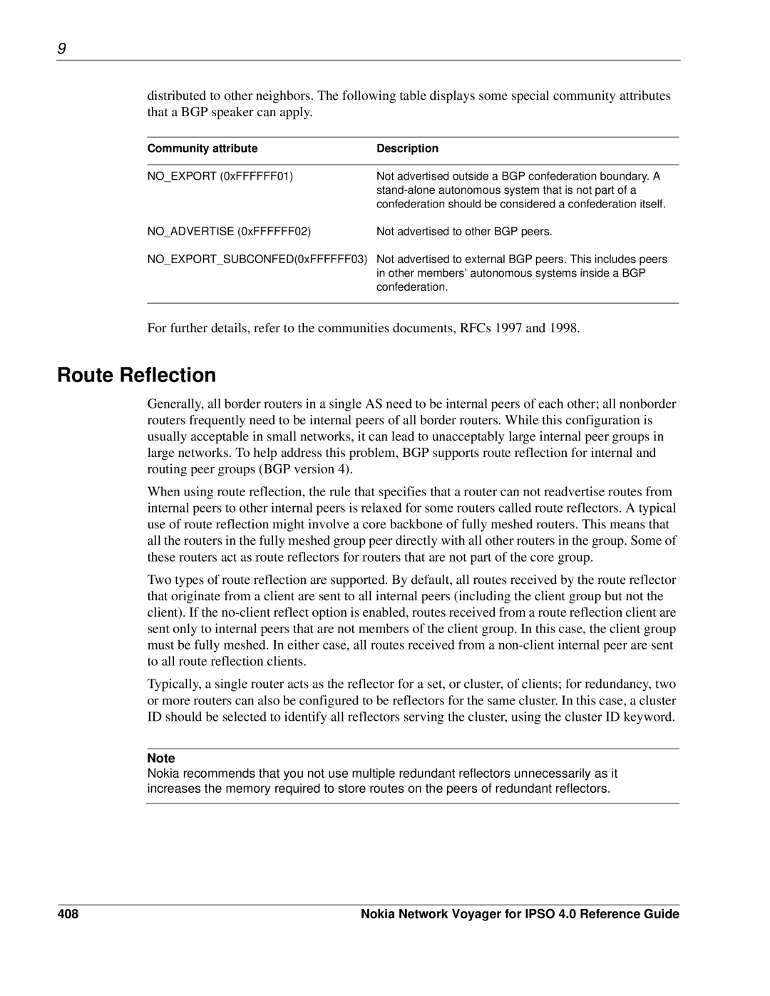 Nokia IPSO 4.0 manual Route Reflection, 408, Community attribute Description 