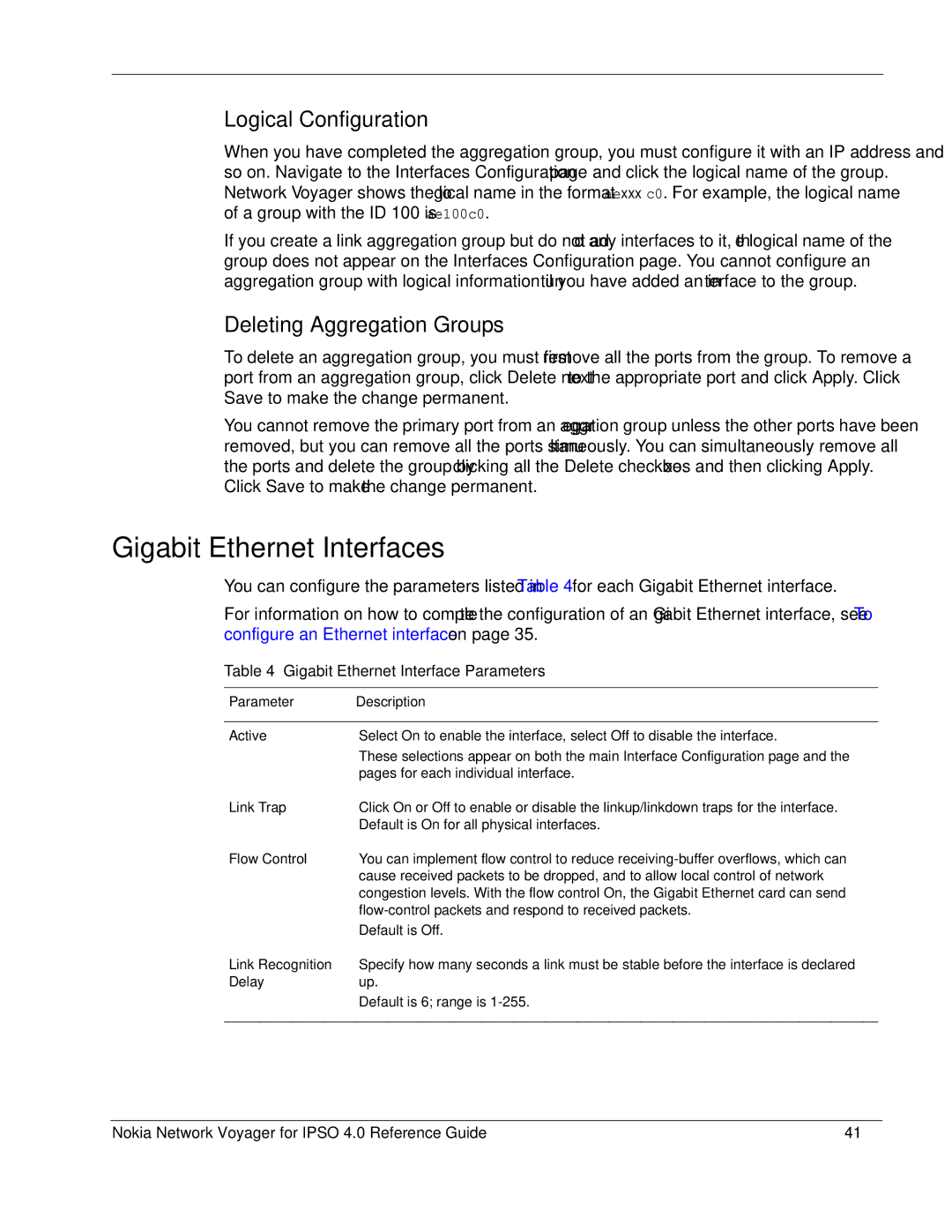 Nokia IPSO 4.0 manual Gigabit Ethernet Interfaces, Logical Configuration, Deleting Aggregation Groups 