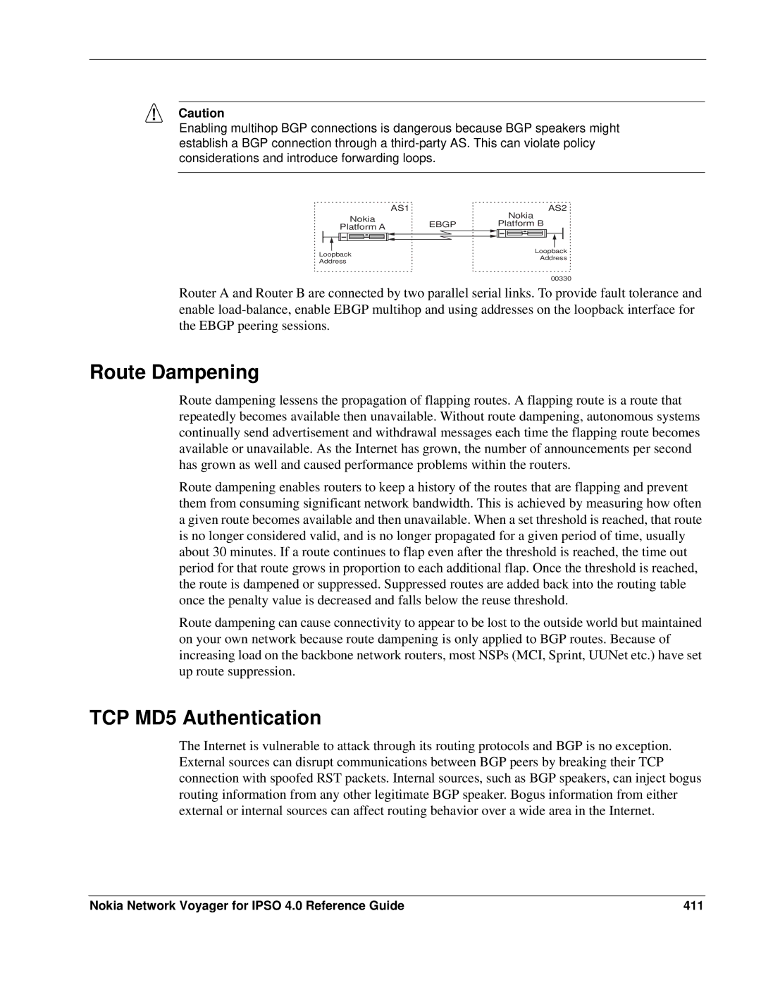 Nokia IPSO 4.0 manual Route Dampening, TCP MD5 Authentication, Nokia Network Voyager for Ipso 4.0 Reference Guide 411 