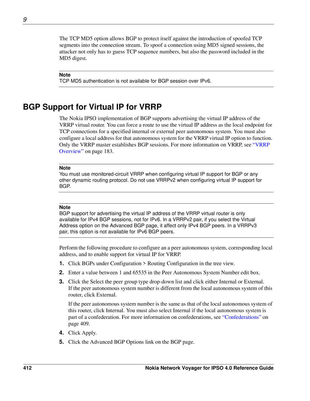 Nokia IPSO 4.0 manual BGP Support for Virtual IP for Vrrp, 412 