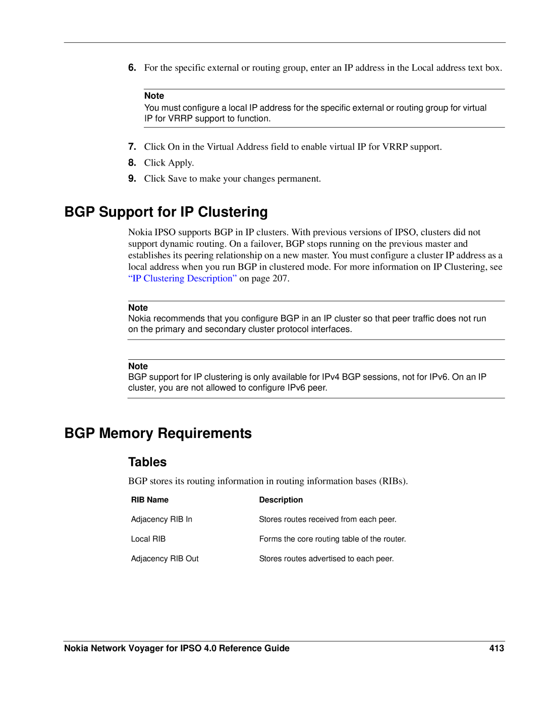 Nokia IPSO 4.0 manual BGP Support for IP Clustering, BGP Memory Requirements, Tables, RIB Name Description 