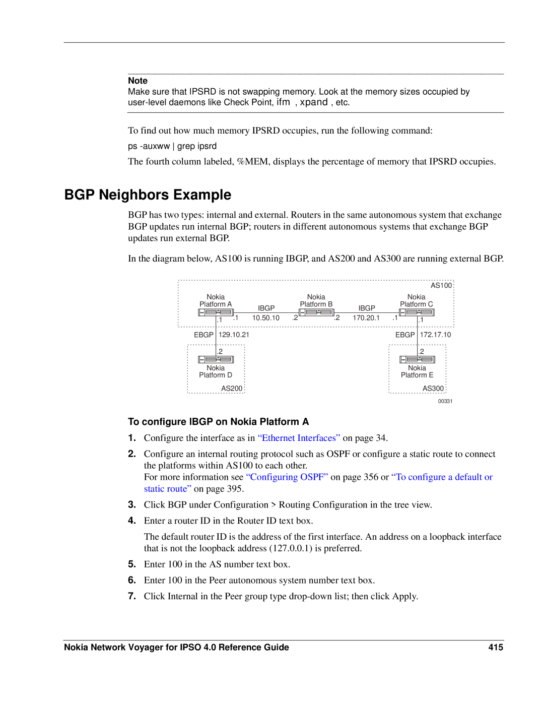 Nokia IPSO 4.0 manual BGP Neighbors Example, To configure Ibgp on Nokia Platform a 