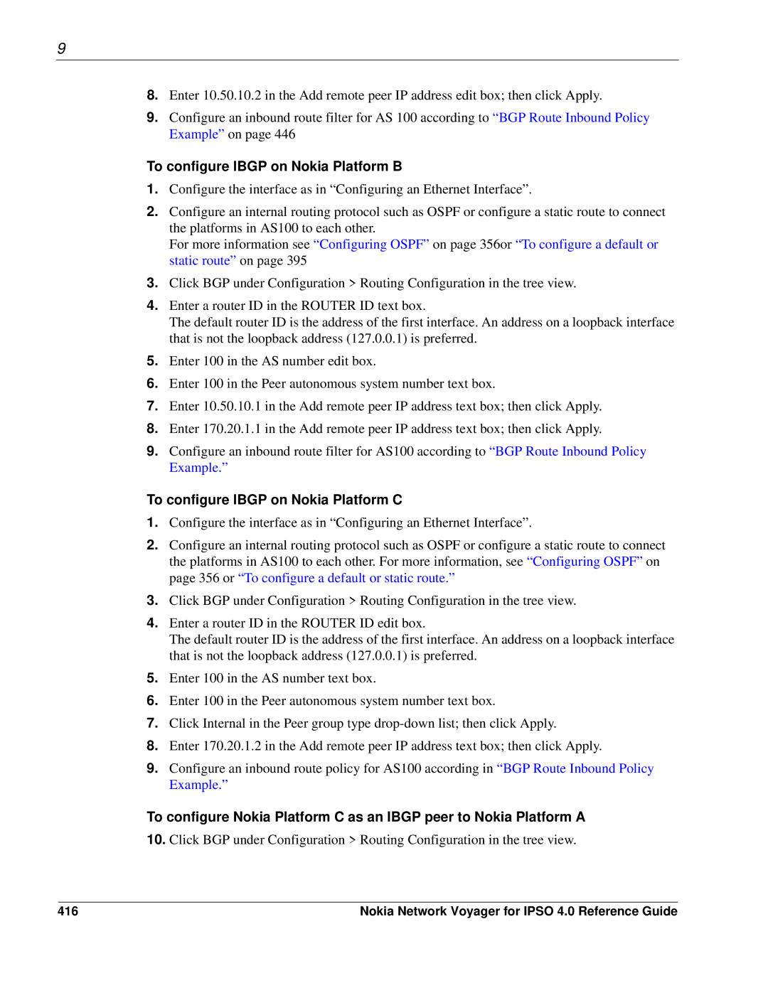 Nokia IPSO 4.0 manual To configure Ibgp on Nokia Platform B, To configure Ibgp on Nokia Platform C, 416 