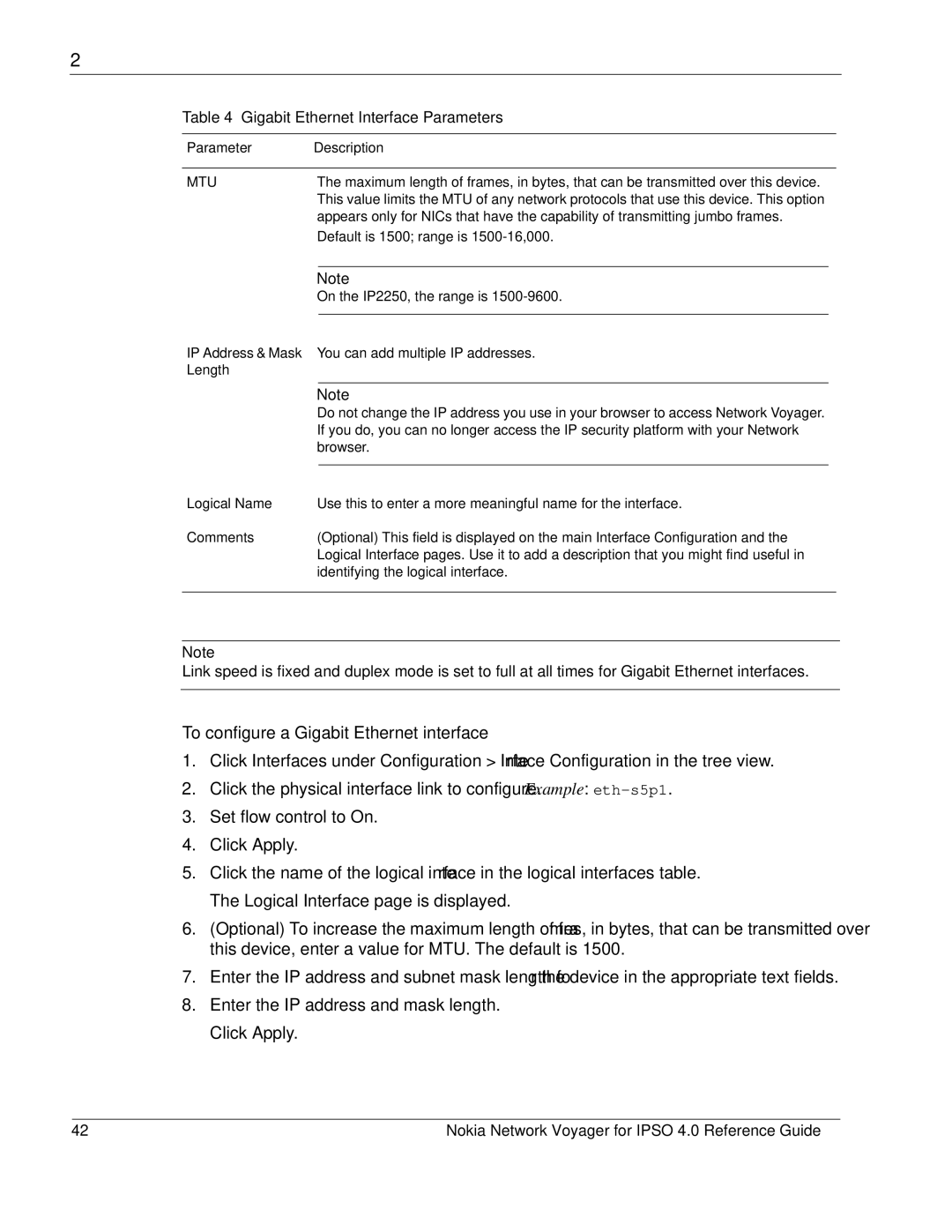 Nokia IPSO 4.0 manual To configure a Gigabit Ethernet interface, Mtu 