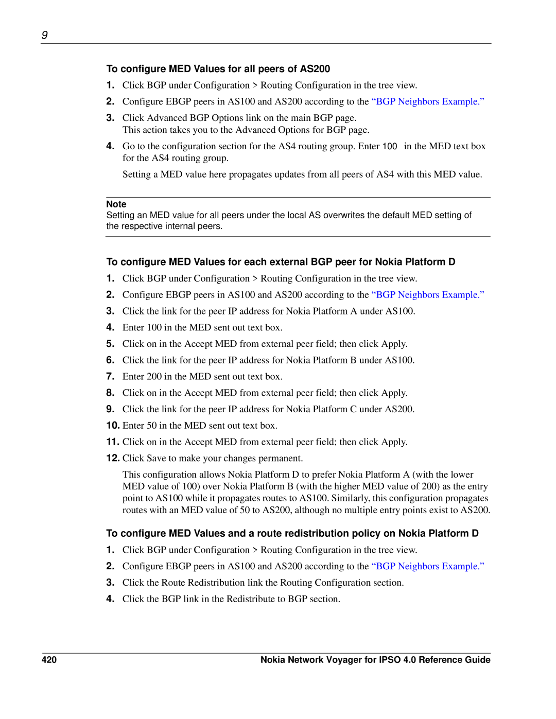Nokia IPSO 4.0 manual To configure MED Values for all peers of AS200, 420 