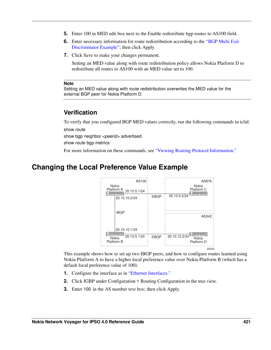 Nokia IPSO 4.0 manual Changing the Local Preference Value Example, Nokia Network Voyager for Ipso 4.0 Reference Guide 421 