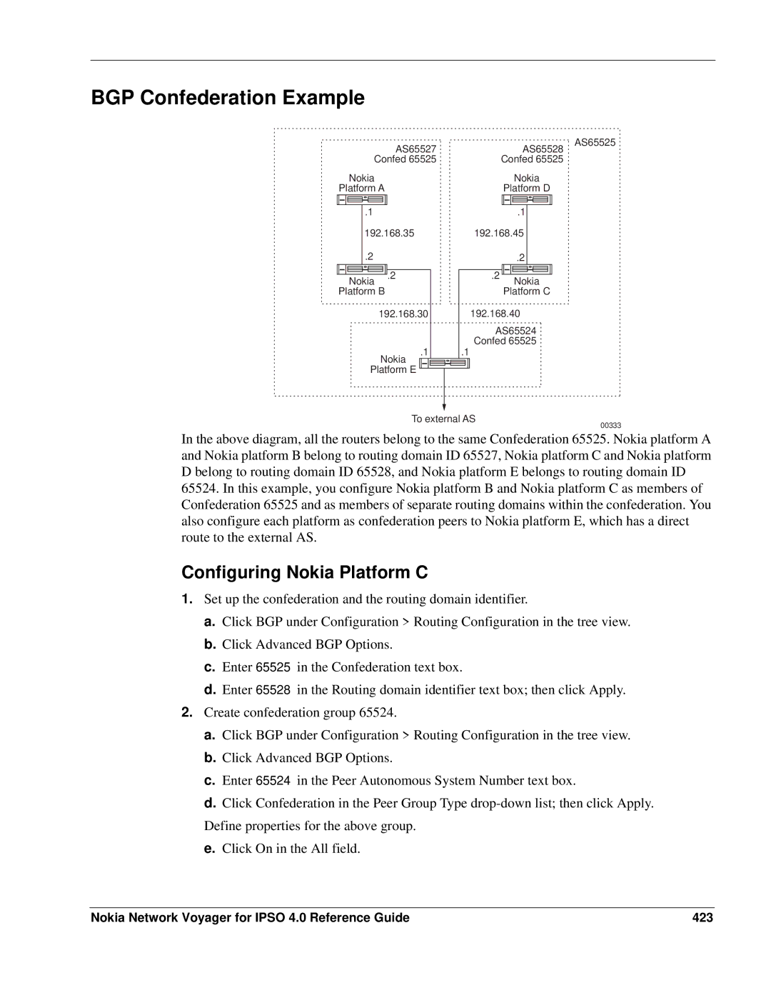 Nokia IPSO 4.0 manual BGP Confederation Example, Configuring Nokia Platform C 