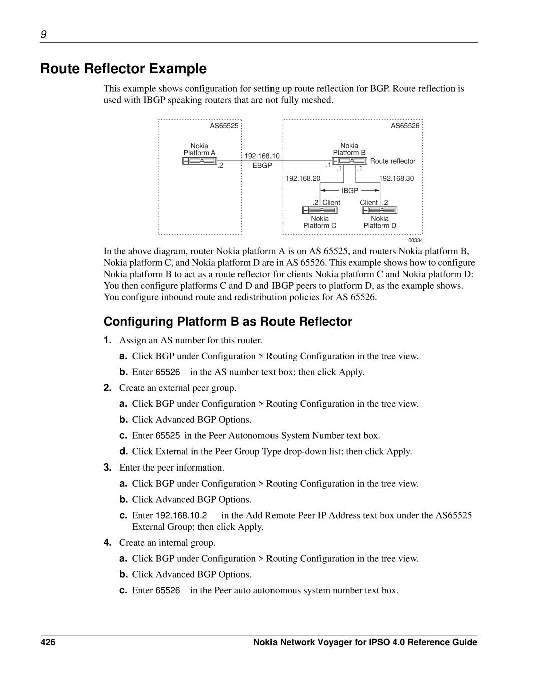 Nokia IPSO 4.0 manual Route Reflector Example, Configuring Platform B as Route Reflector, 426 